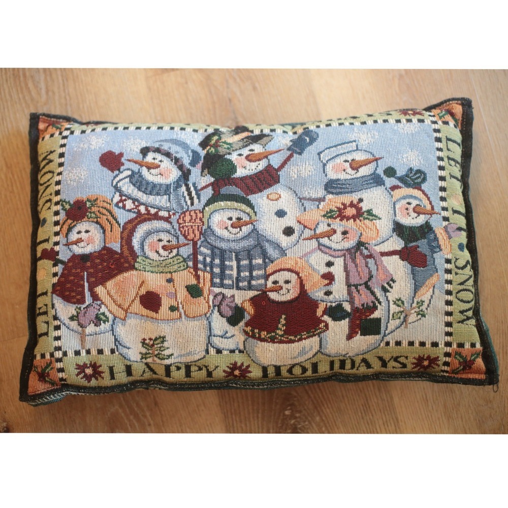 Vintage Woven Tapestry Snowman Christmas Pillow Happy Holidays Let It Snow - Picture 4 of 7